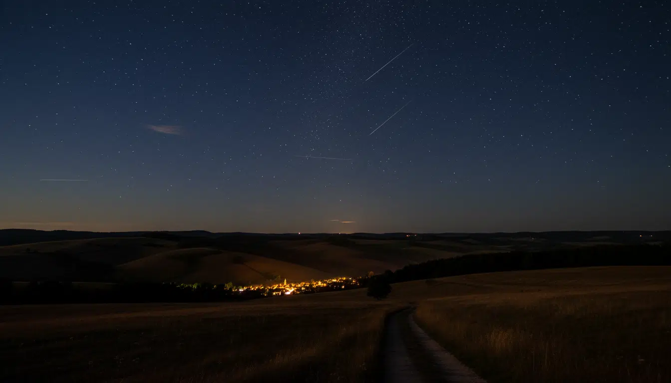 Paysage nocturne du nord-est de la France avec traînées de météores