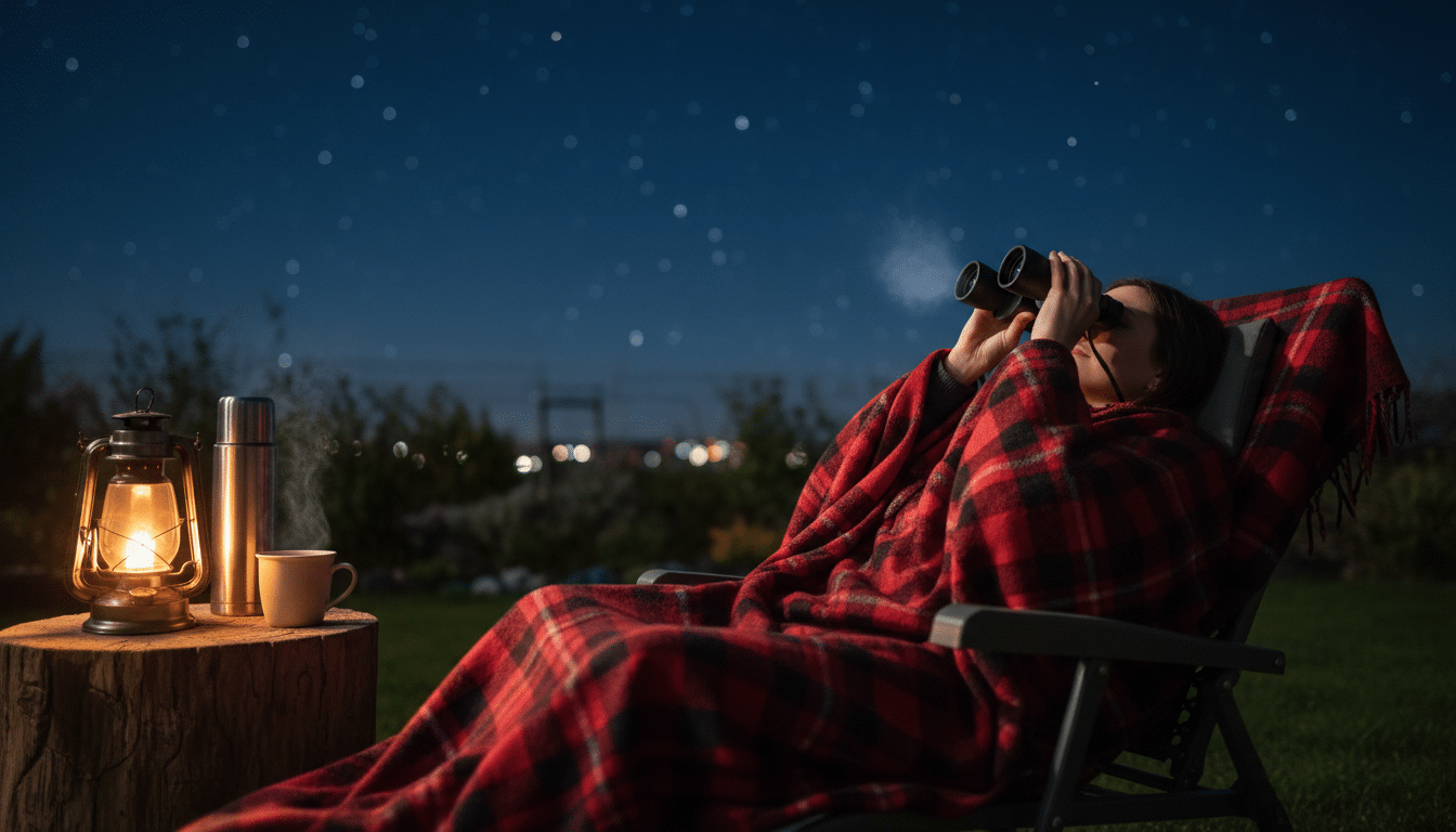 Observateur installé dans un transat avec jumelles pour regarder les étoiles