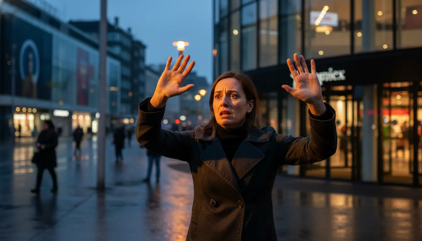 Femme effrayée devant une galerie marchande la nuit