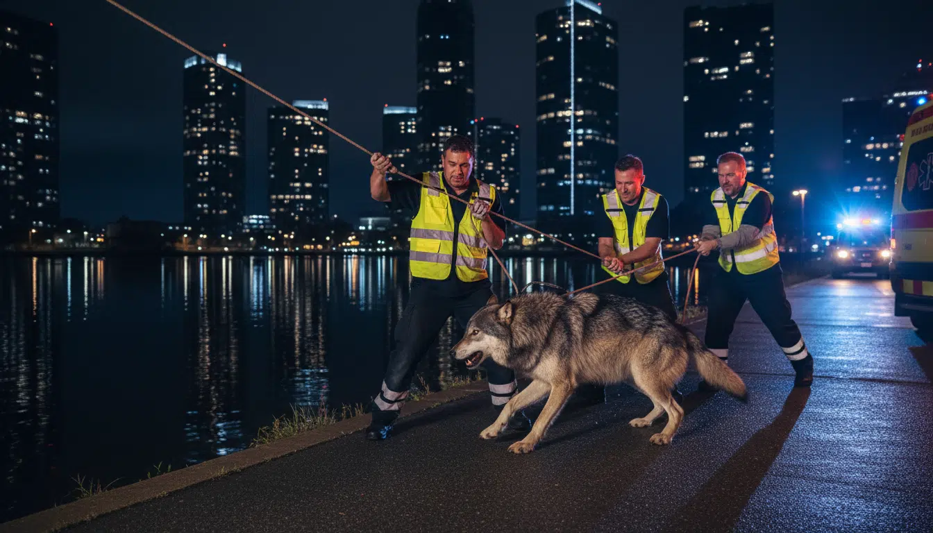 Équipe de secours capturant un loup en milieu urbain