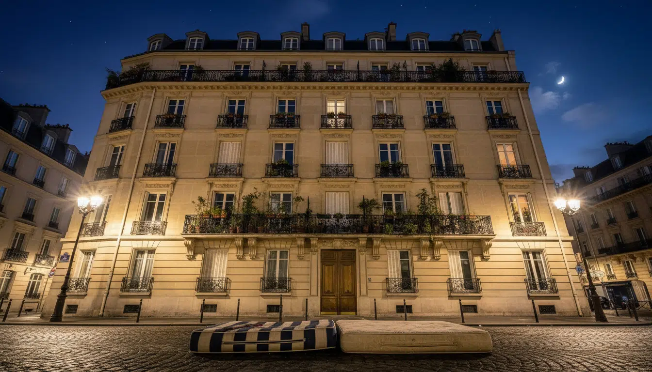 Immeuble résidentiel avec balcon au quatrième étage évoquant le saut légendaire de Cyril Hanouna