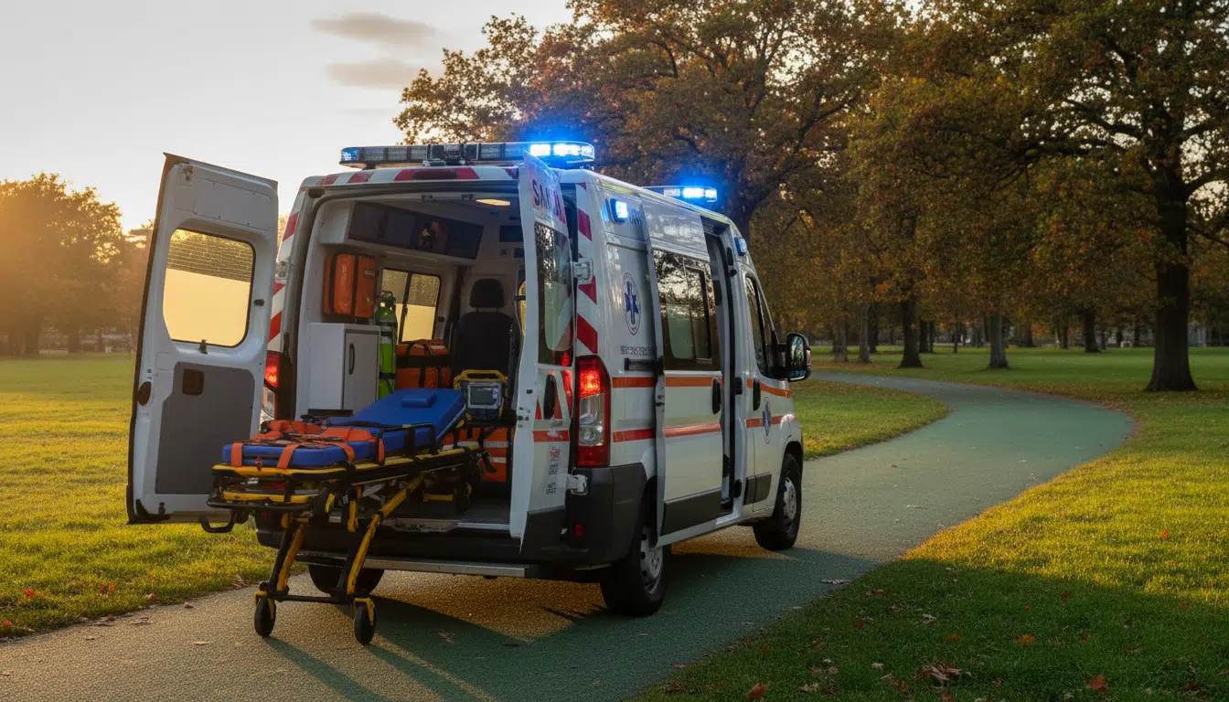 Ambulance du SAMU garée dans un parc après l'accident