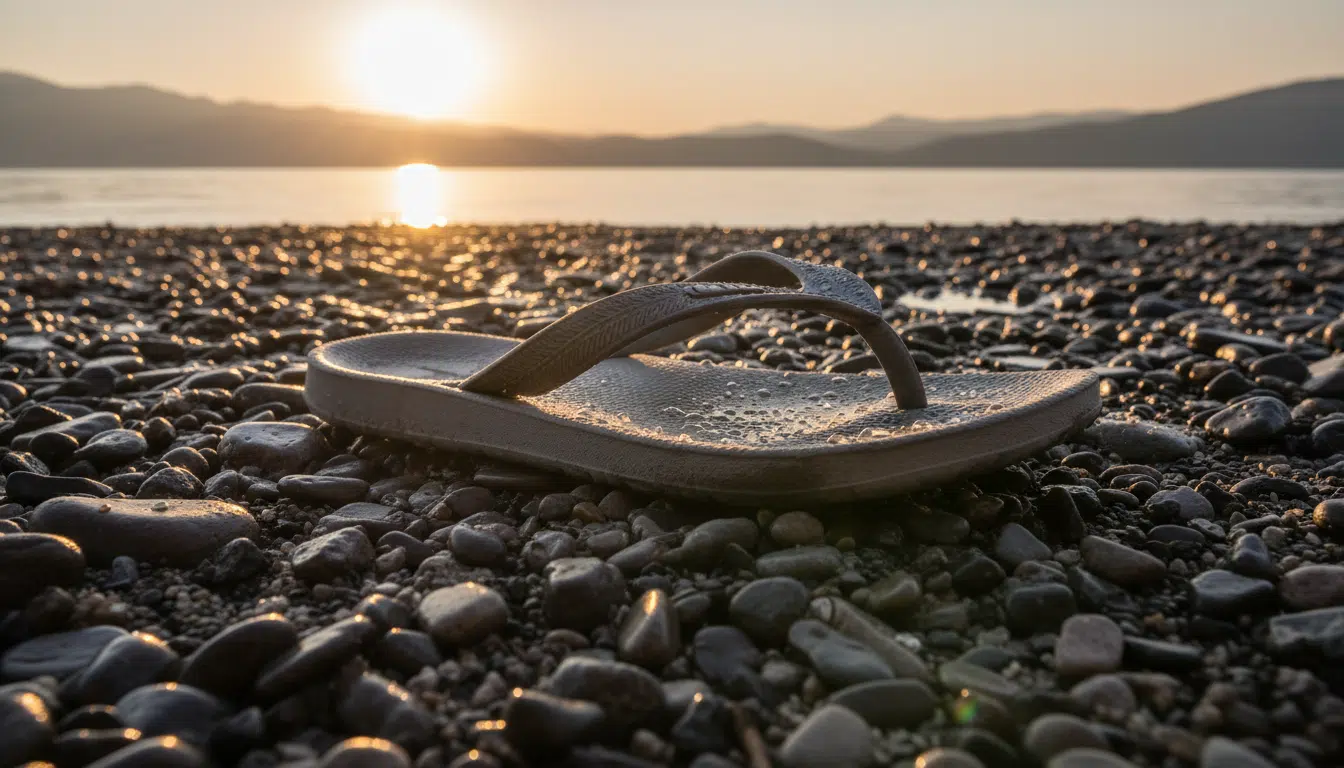 Sandale en caoutchouc retrouvée sur les berges du lac