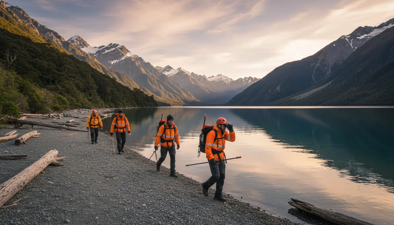 Équipe de secours fouillant les rives du lac Dunstan