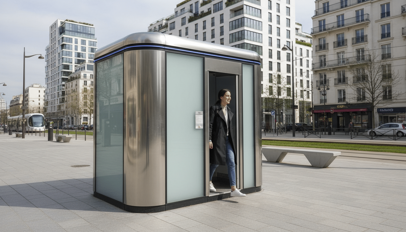 Une Sanisette moderne à Paris, avec une personne l'utilisant.