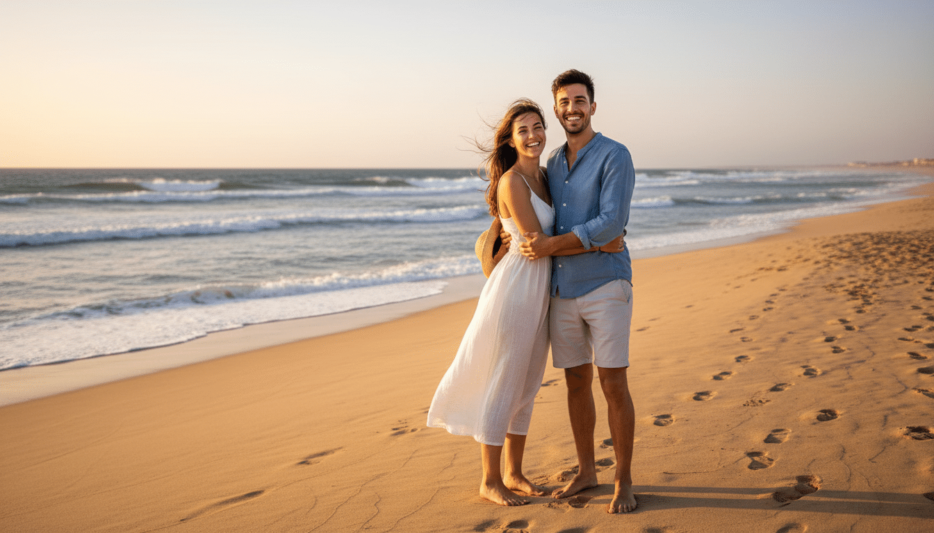 Couple souriant sur la plage ensoleillée d'Agadir au Maroc