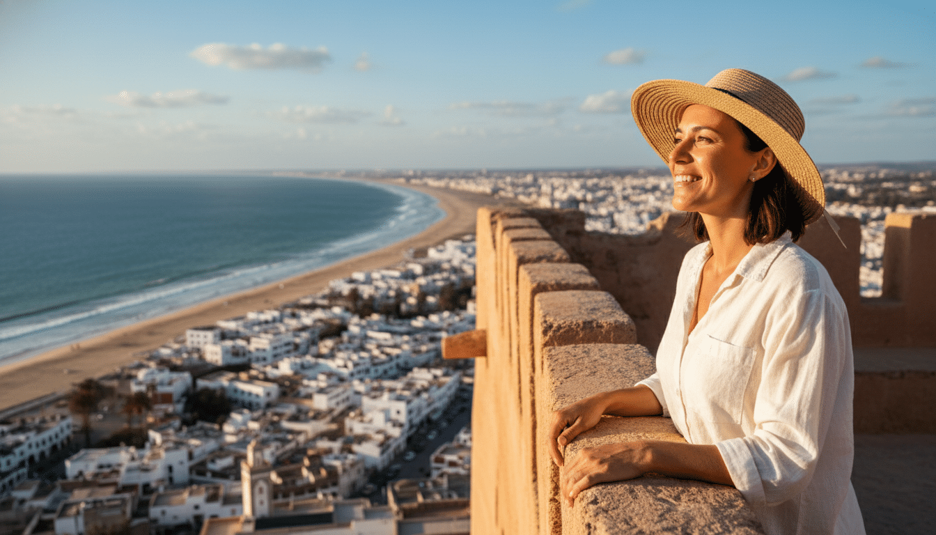 Touriste admirant le panorama depuis la kasbah d'Agadir