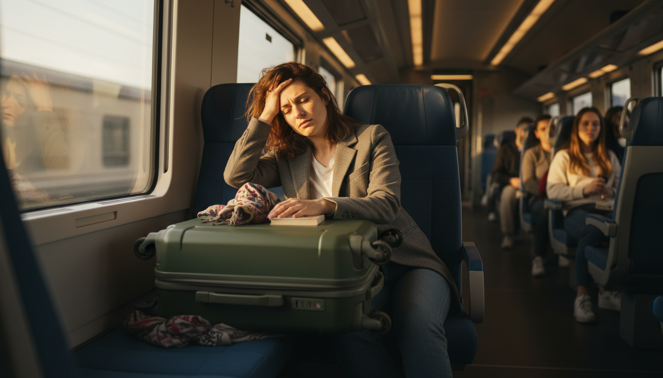 Jeune femme sonnée après chute d'une valise dans un train
