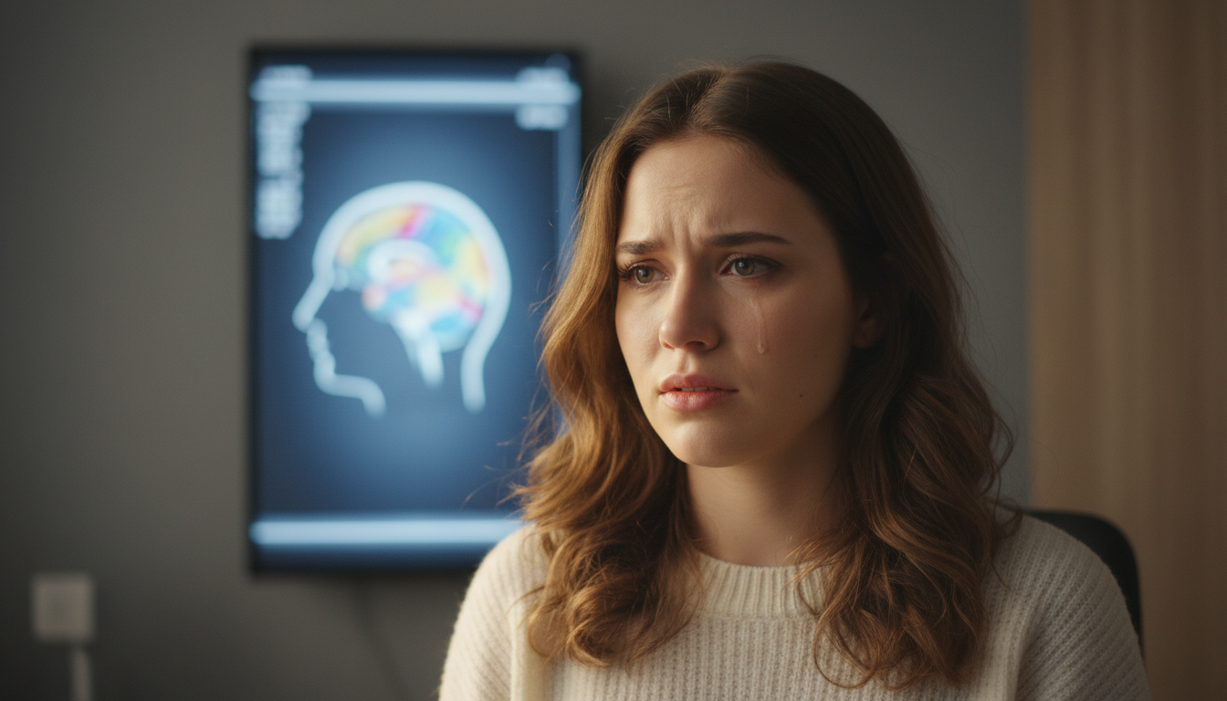 Patiente émue face à un scanner cérébral chez le médecin