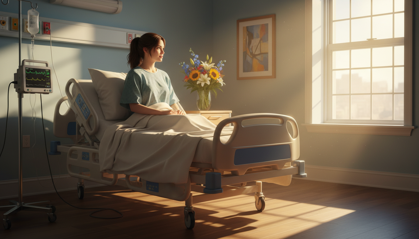 Jeune femme en convalescence dans une chambre d'hôpital