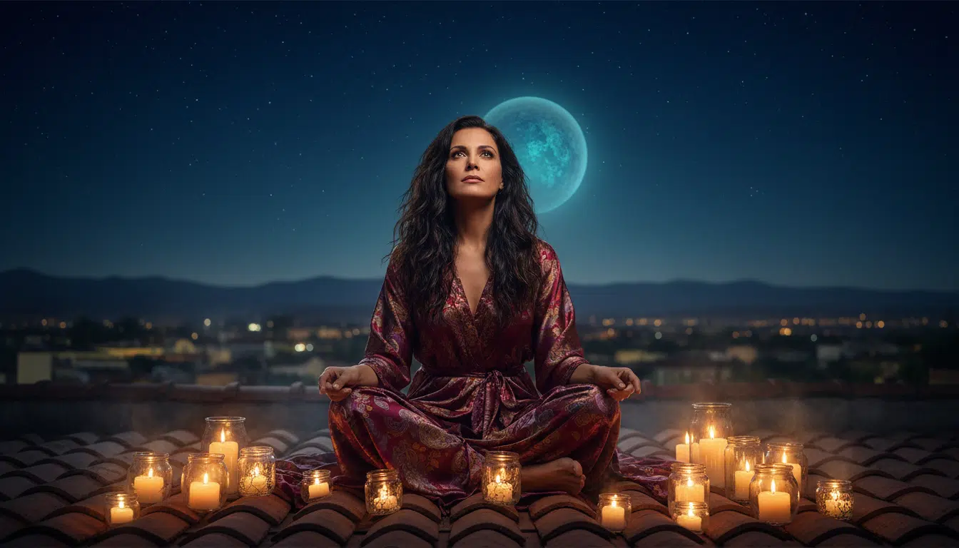 Femme contemplant le ciel étoilé ambiance mystique