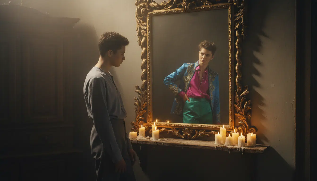 Personne se réinventant devant un miroir lumière dorée