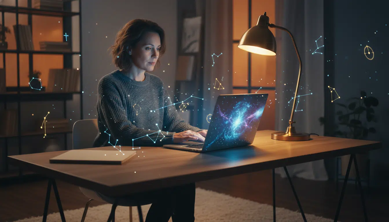 Femme travaillant entourée de constellations lumineuses