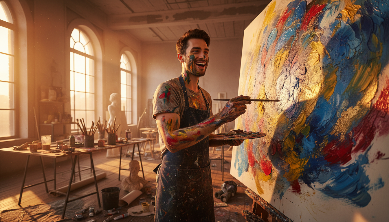 Jeune homme peignant dans un atelier lumineux et créatif