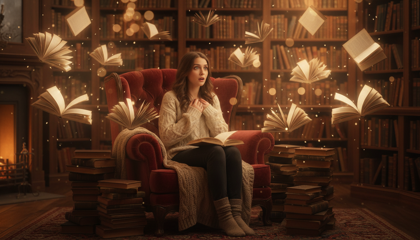 Femme émerveillée entourée de livres et lumières dorées