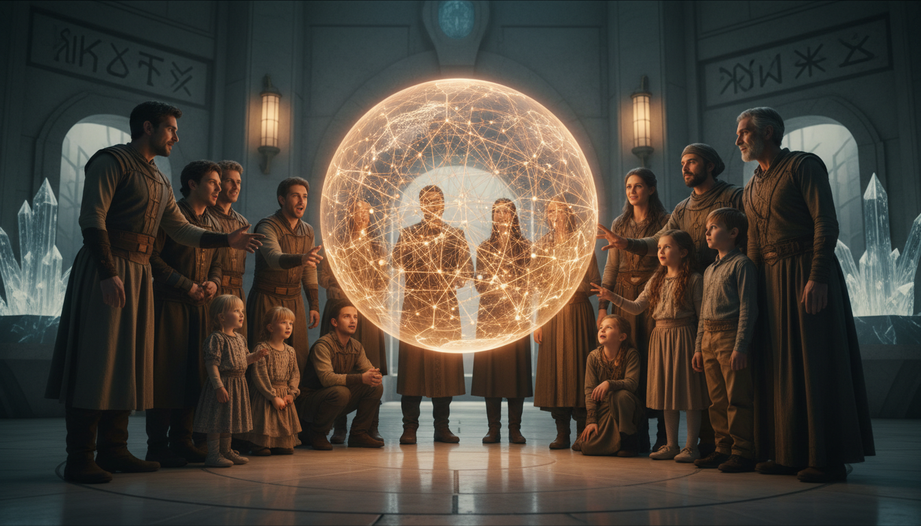 Groupe de personnes autour d'un globe holographique lumineux