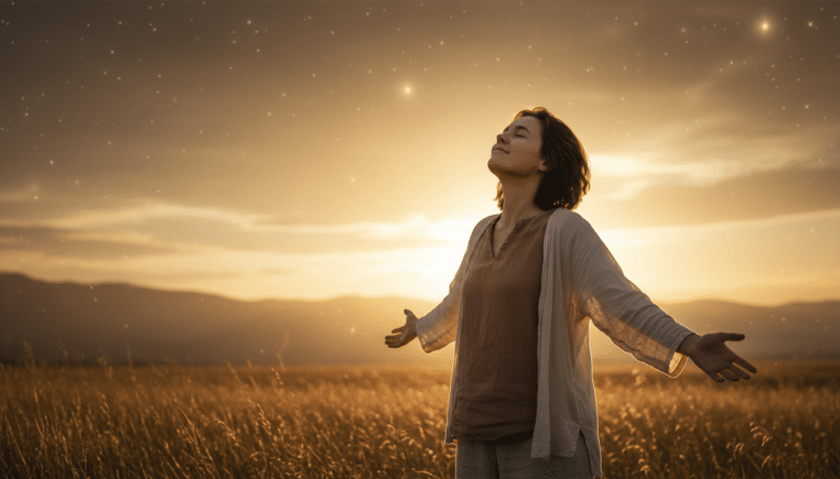 Personne soulagée sous un ciel doré étoilé
