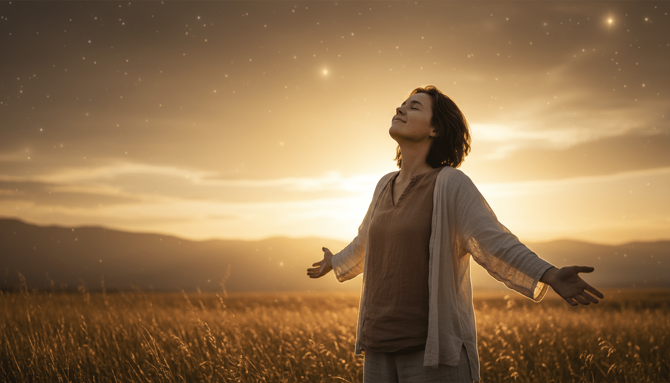 Personne soulagée sous un ciel doré étoilé