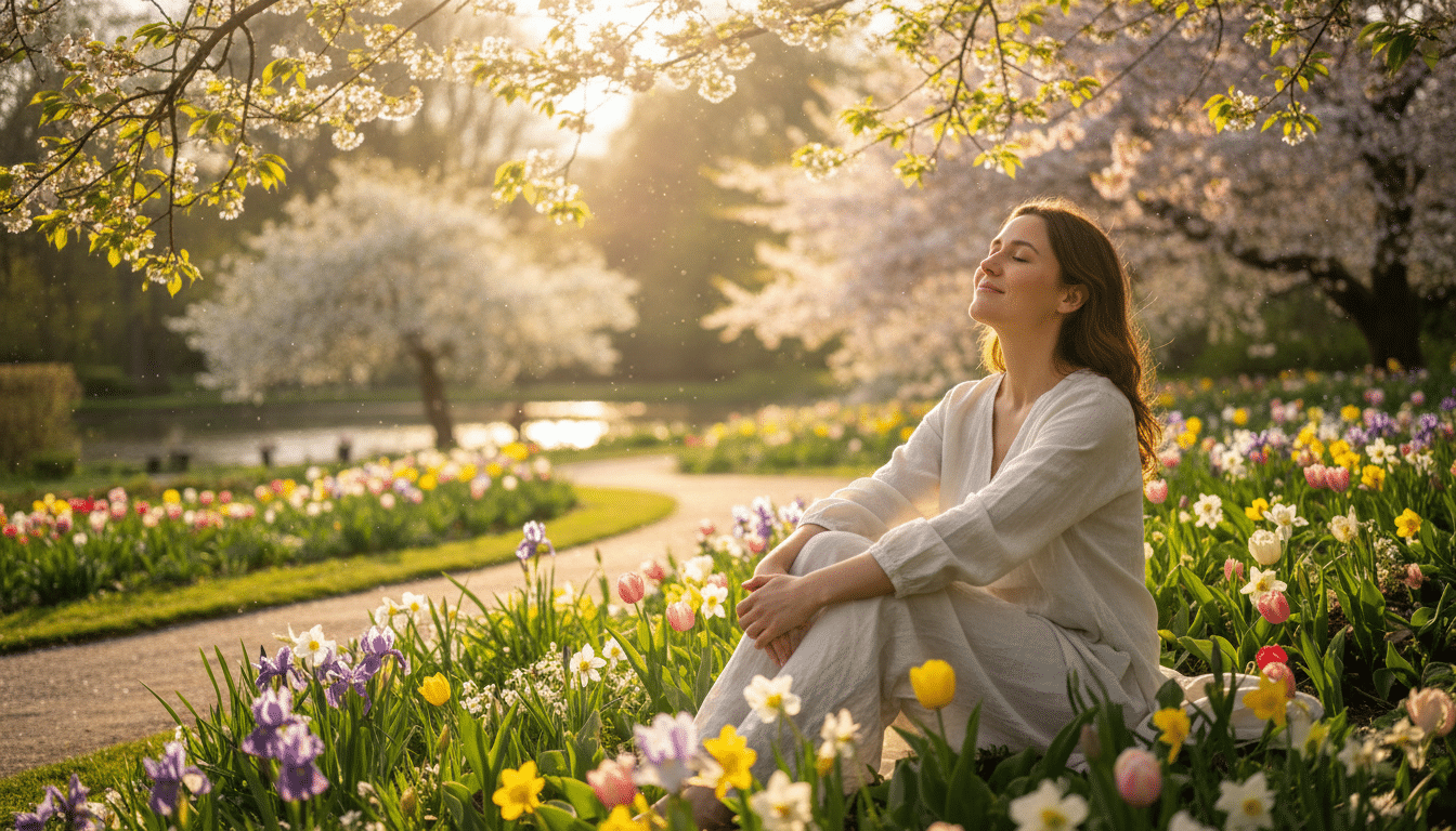 Personne sereine dans un jardin printanier ensoleillé