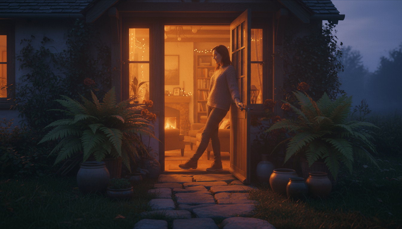 Personne émue sur le seuil d'un foyer chaleureux