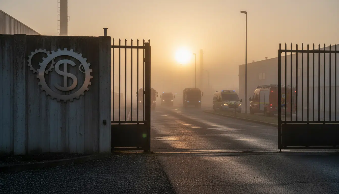 Entrée de l'usine Lustucru à Saint-Genis-Laval avec véhicules de secours