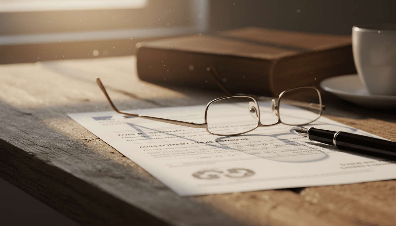 Avis de taxe foncière posé sur un bureau en bois