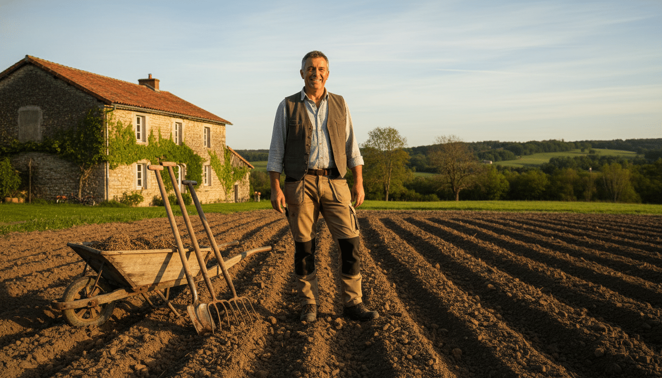 Homme debout sur un terrain rural entretenu avec outils de jardinage