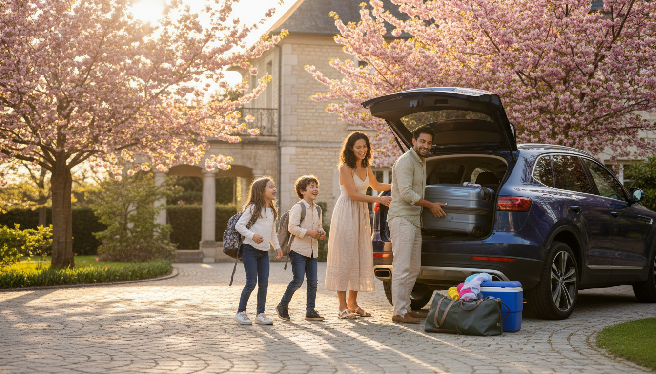 Famille chargeant la voiture pour les vacances de printemps