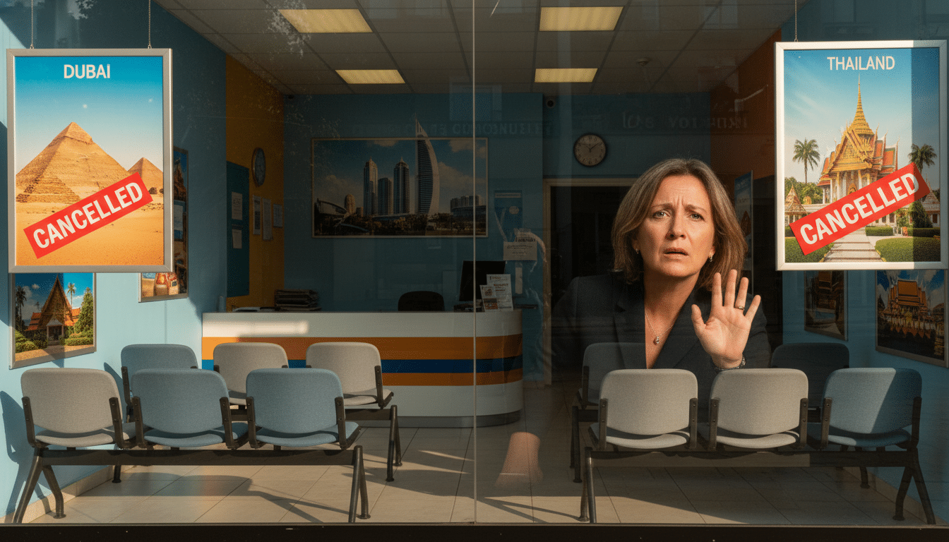 Agence de voyages française avec affiches de destinations et annulations