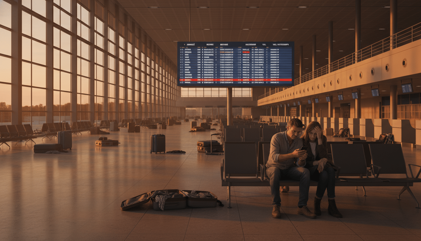 Terminal d'aéroport vide avec vols annulés et famille déçue
