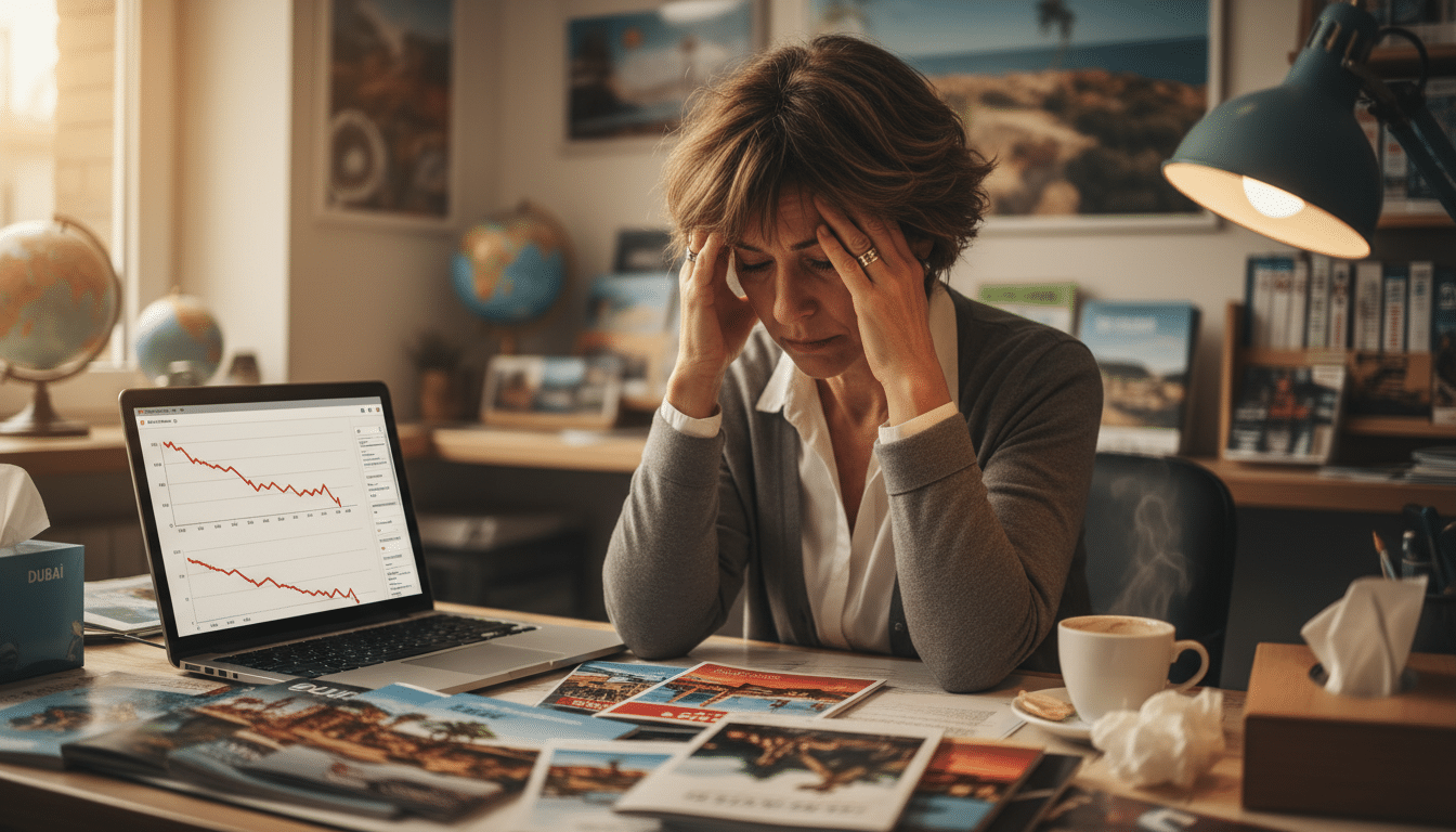 Gérante d'agence de voyages stressée devant des réservations en baisse