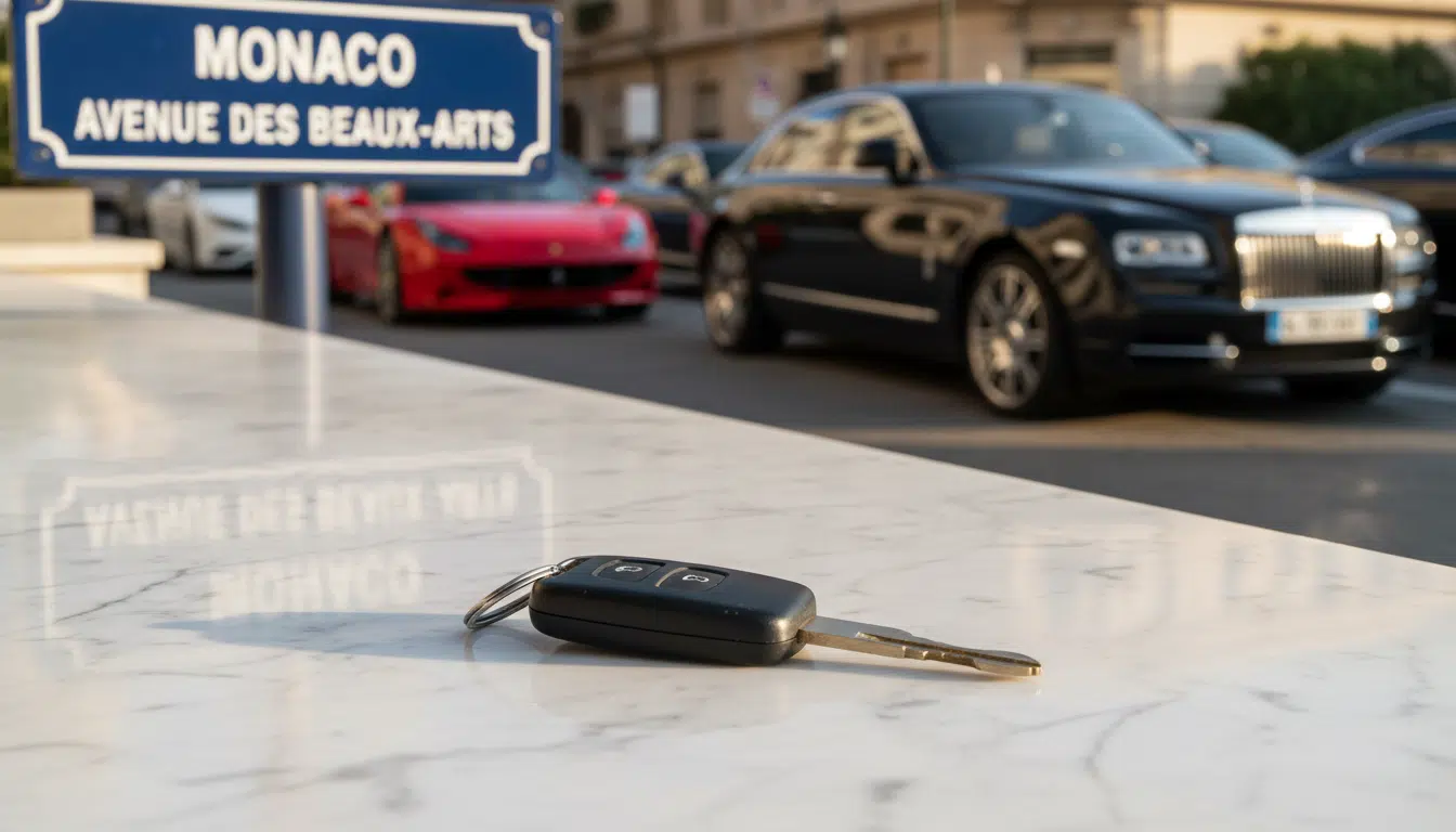 Clé de voiture posée sur une surface en marbre à Monaco, avec des voitures de luxe floues en arrière-plan