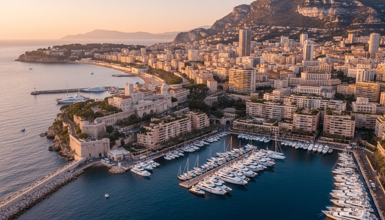 Vue aérienne du port de Monaco au coucher du soleil avec yachts et immeubles de luxe