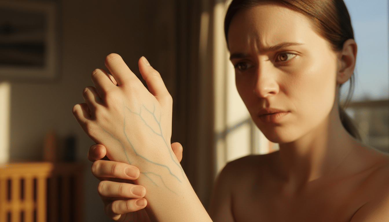 veines bleues visibles sur un poignet humain