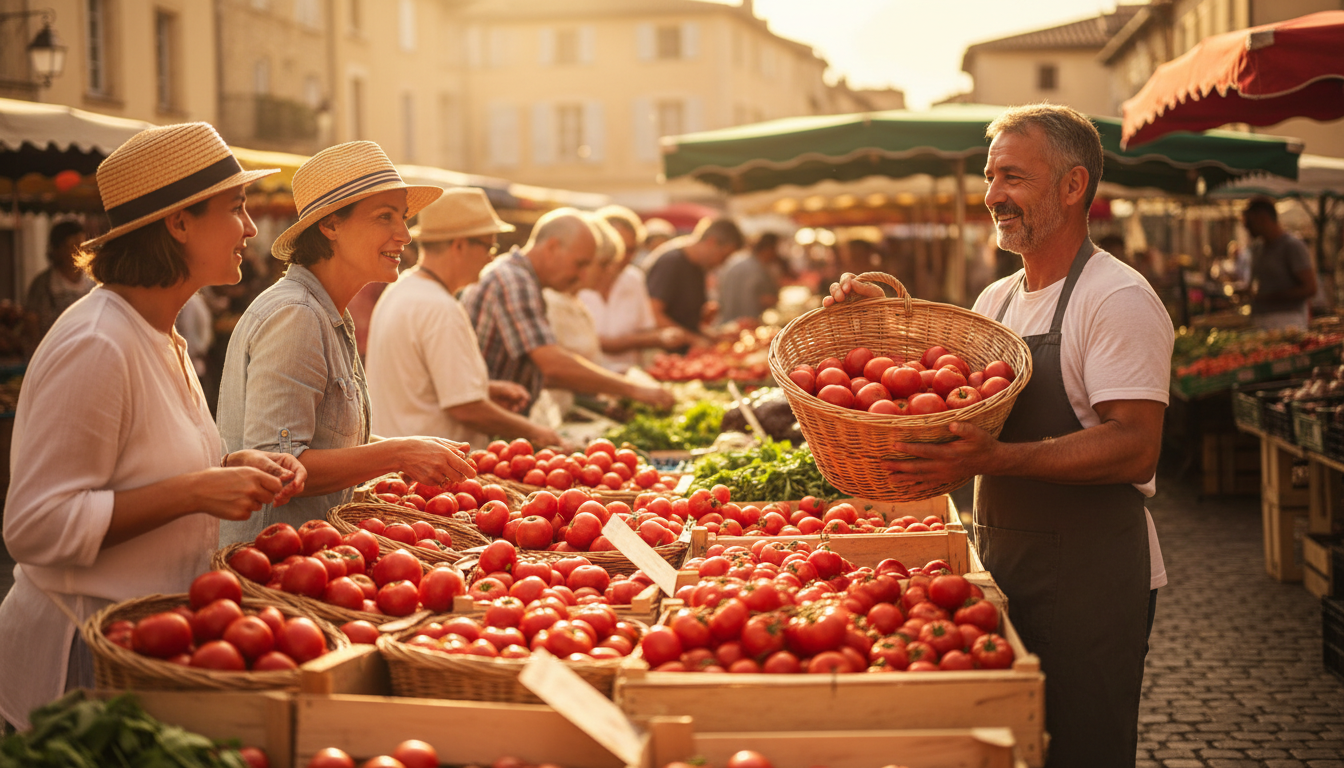 Vendeur de marché présentant des tomates rouges mûres