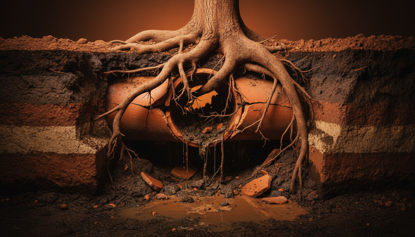 Racines d'arbre infiltrant une canalisation enterrée