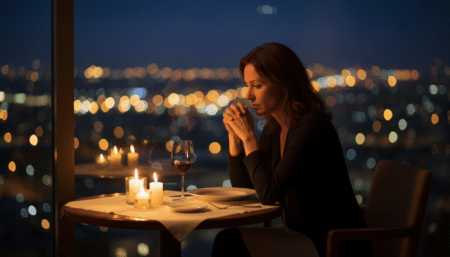 Femme pensive seule à une table pour deux