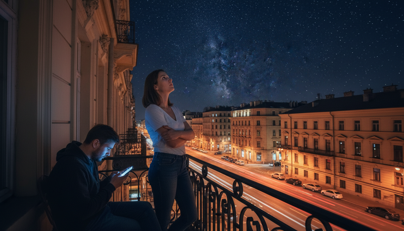 Couple en tension sur un balcon la nuit
