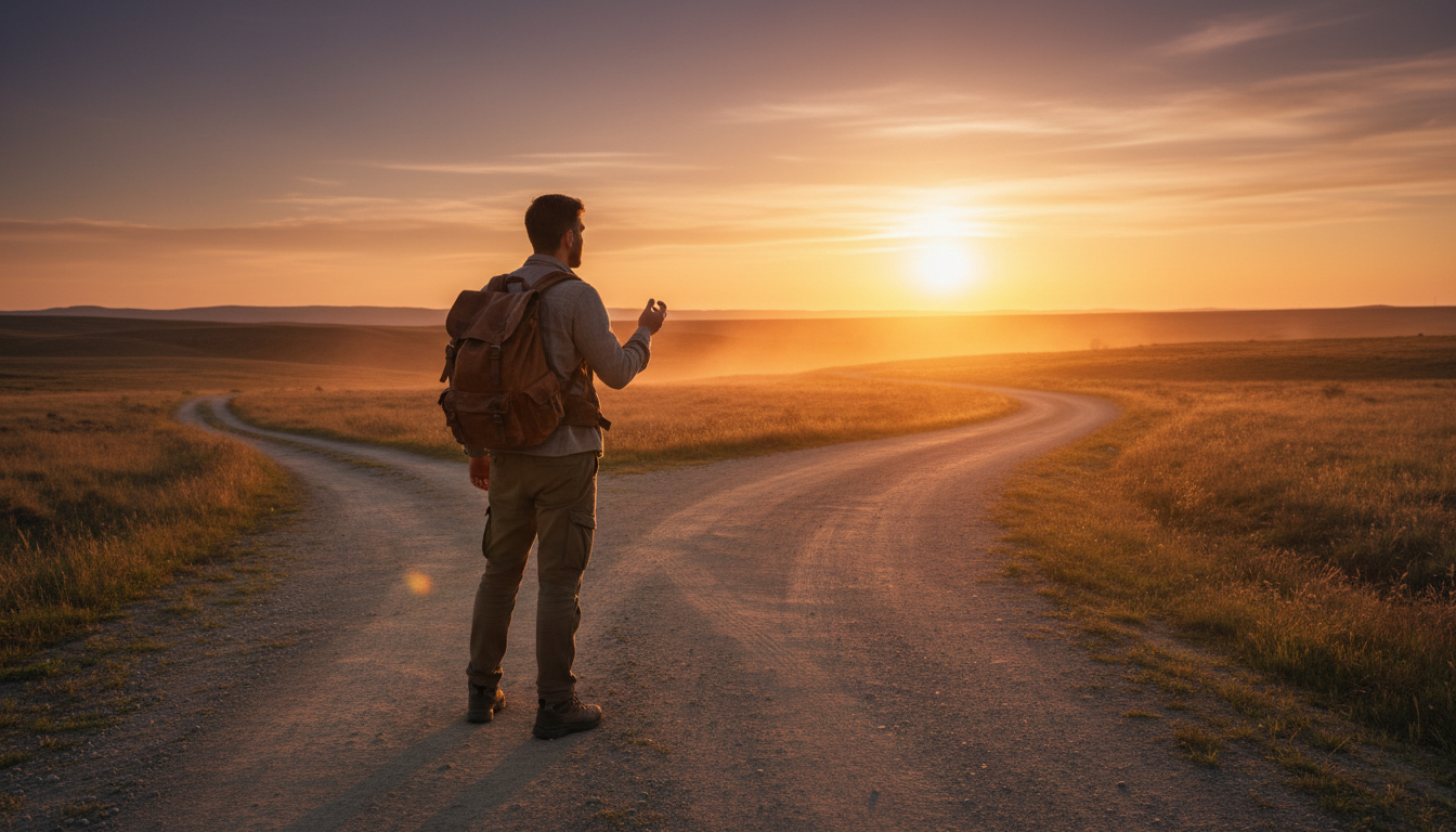 Homme hésitant à un carrefour au coucher du soleil