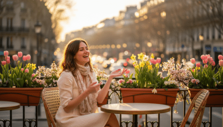 Femme riant à une terrasse de café au printemps