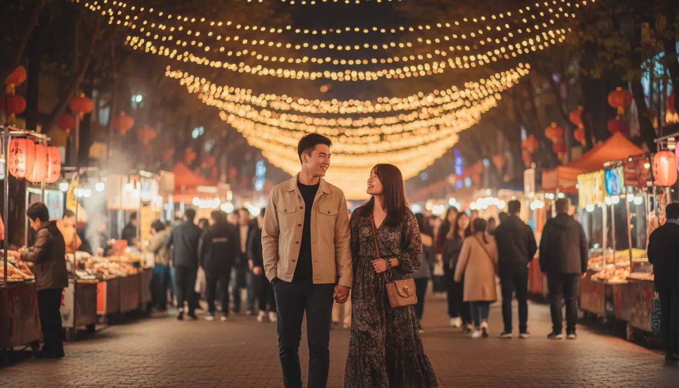 Couple se tenant la main dans un marché nocturne illuminé