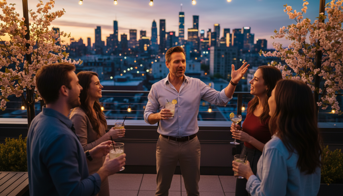 Homme racontant une histoire à des amis sur un rooftop au coucher du soleil