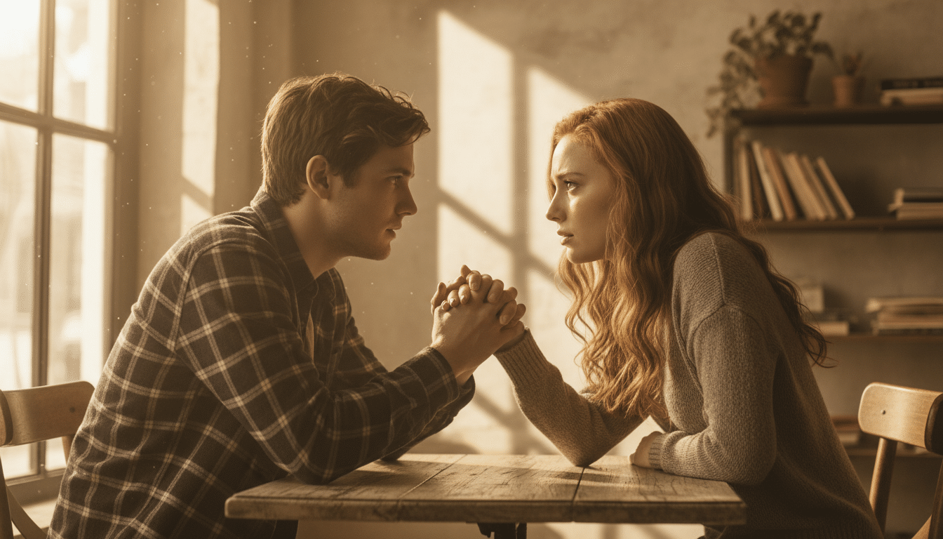 Couple en discussion sincère dans un café lumineux