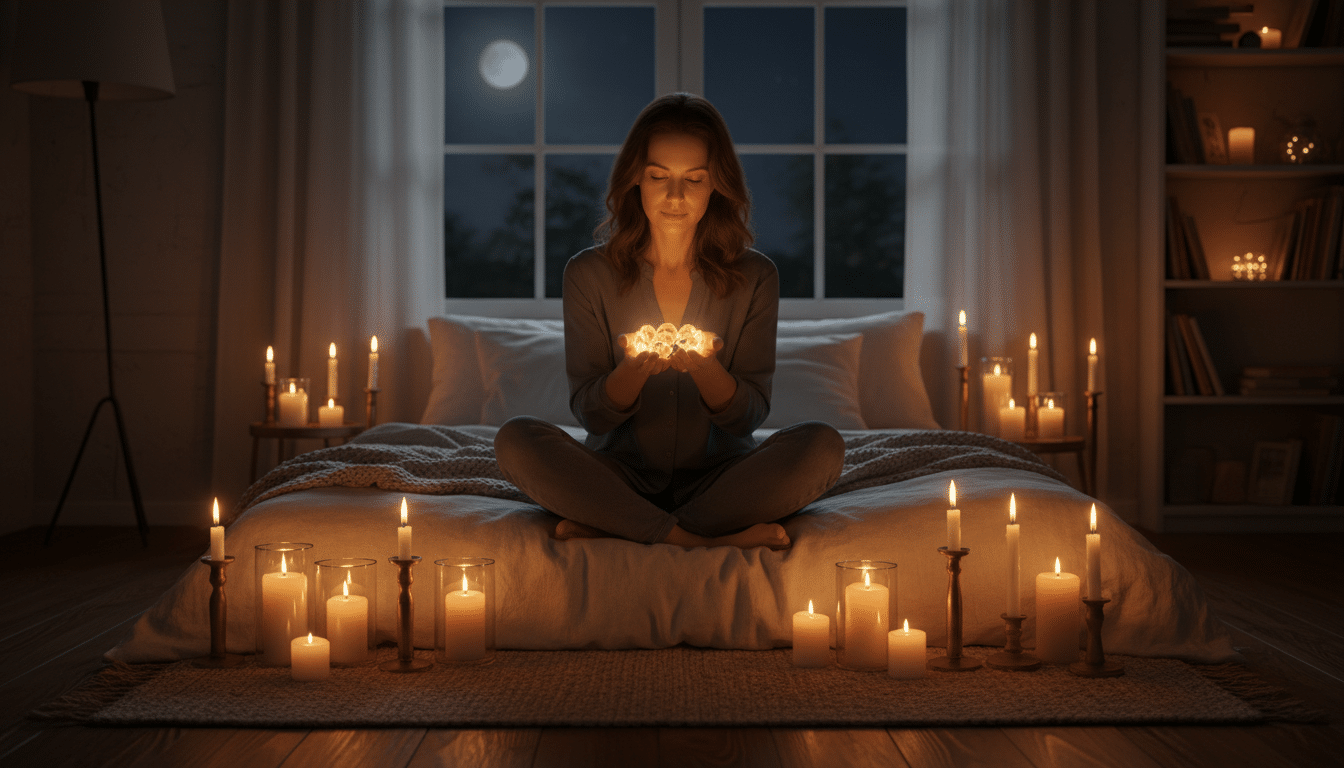 Femme tenant un bracelet de pierre précieuse lumineuse