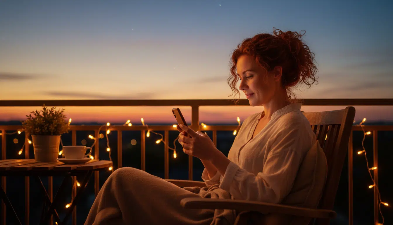 Femme souriante sur un balcon au coucher du soleil