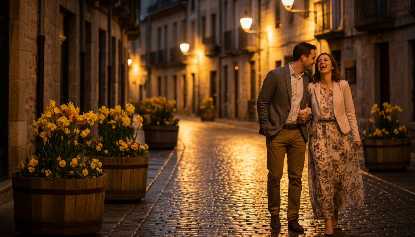 Couple complice marchant dans une rue au crépuscule