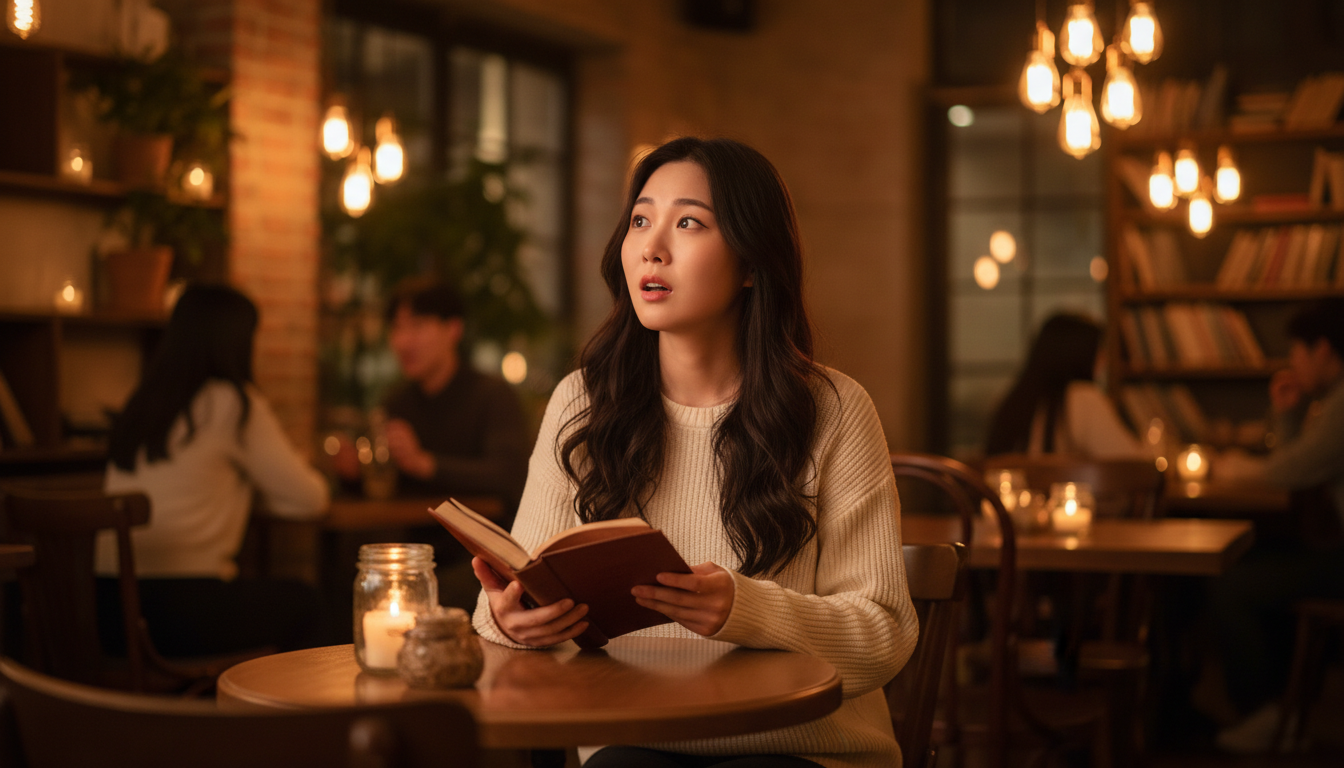 Femme surprise dans un café éclairé aux bougies