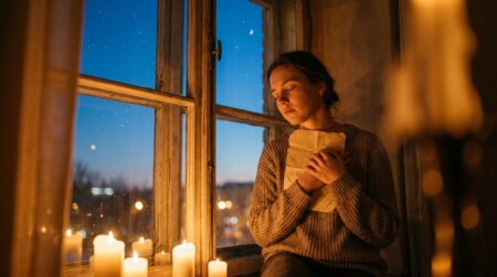 Femme lisant une lettre dans une lumière dorée