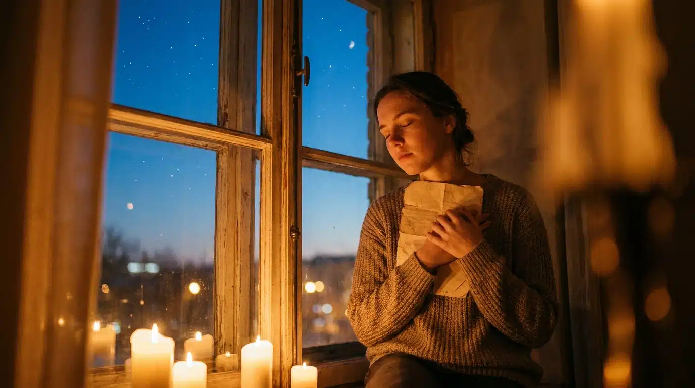 Femme lisant une lettre dans une lumière dorée