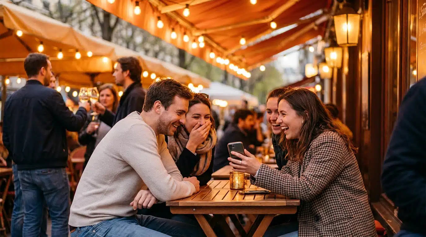 Amis riant ensemble en terrasse un soir de printemps